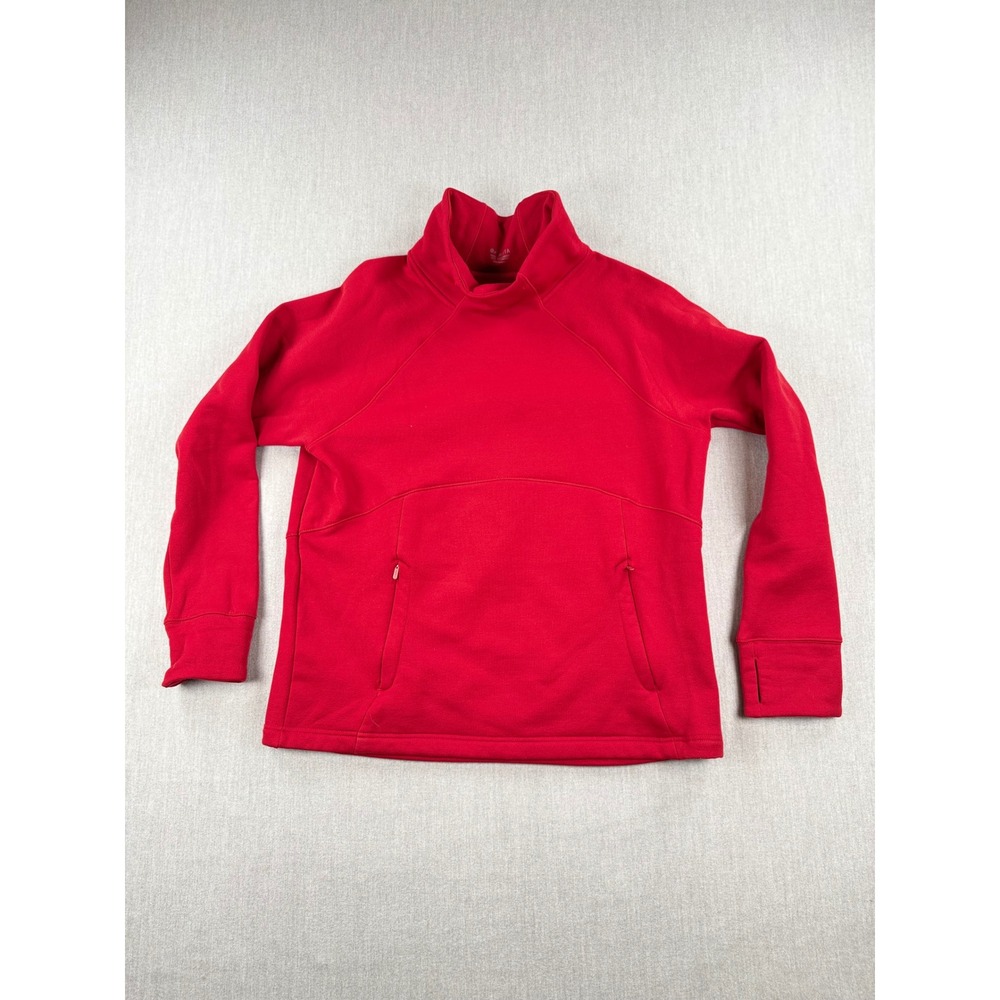Athleta Womens Red Funnel Neck Fleece Pullover Sweatshirt Thumbholes Size L